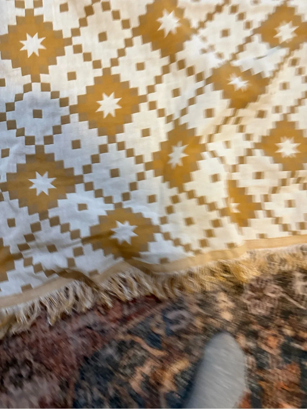 IKEA SVARTFRYLE Geometric Fringe Throw Blanket in Mustard & Cream